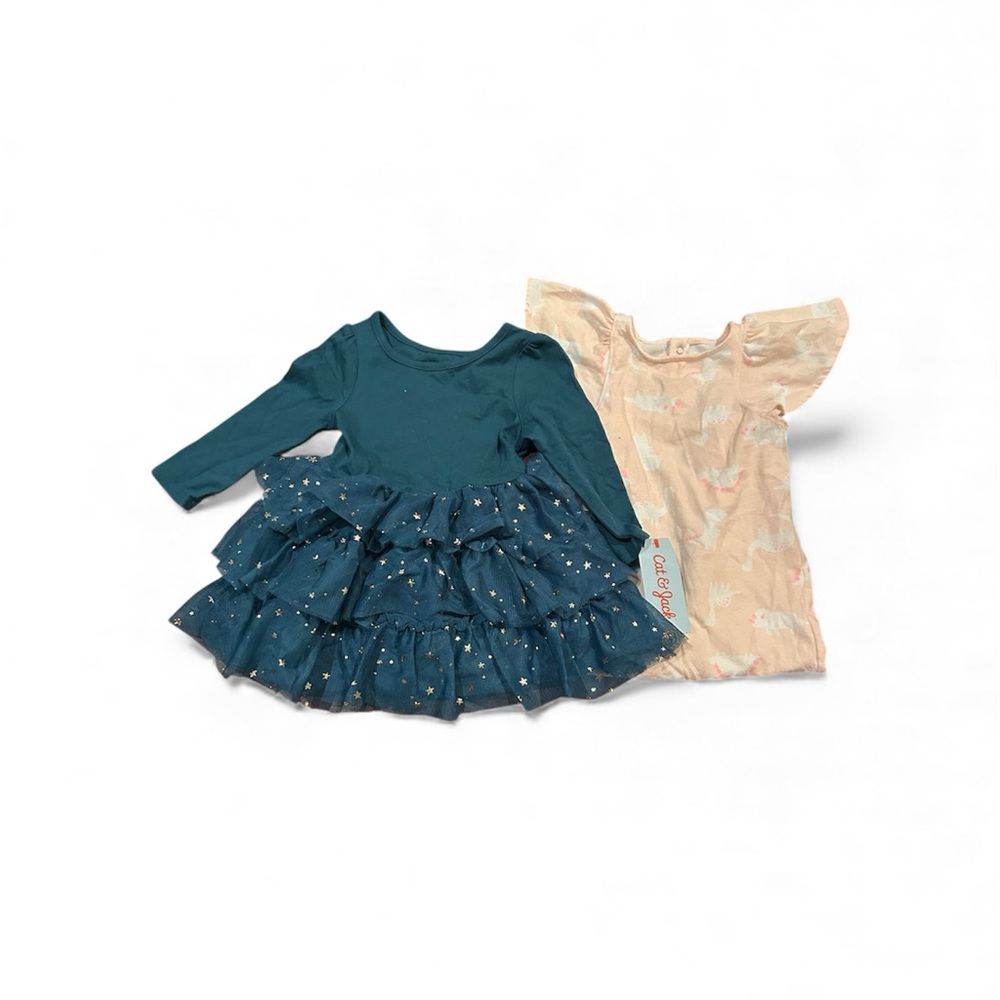 Cat & Jack 12M Baby One Piece W/ Pink Dinos + Teal Dress W/ Gold Stars (NWT)